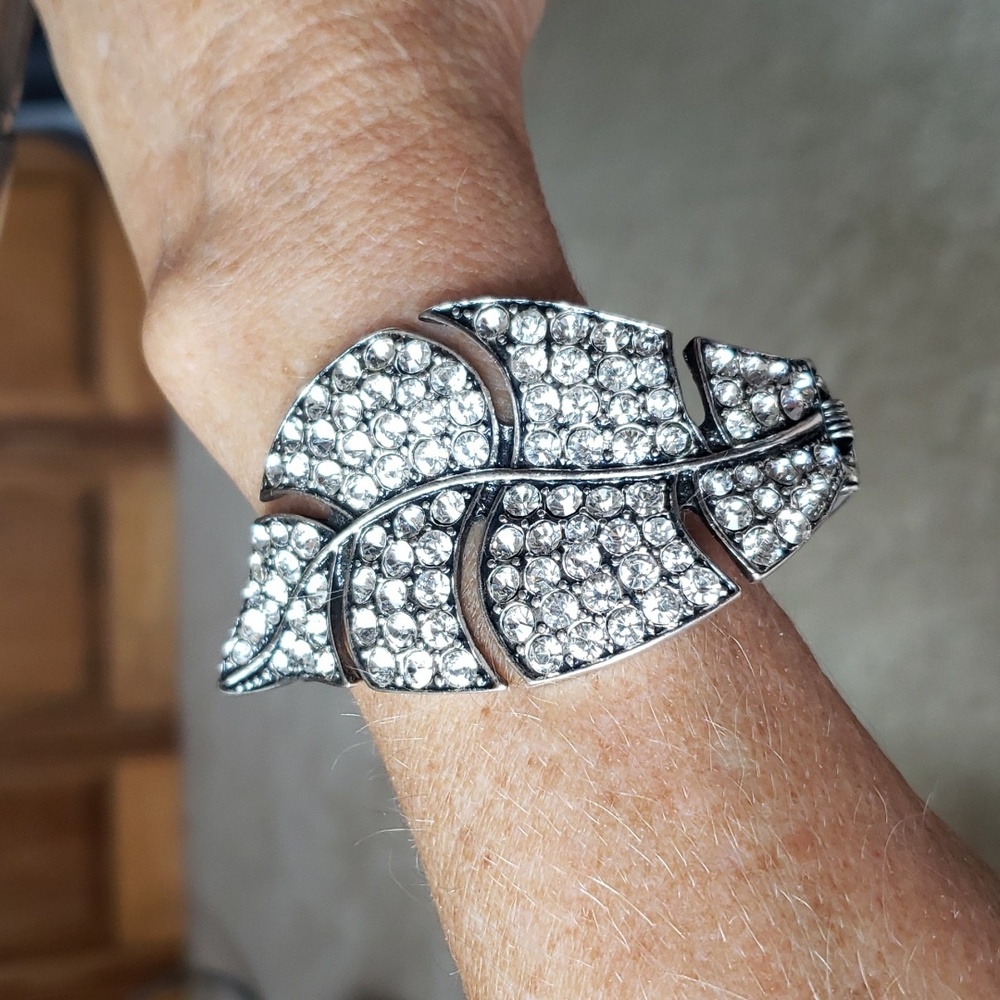 Silver Tone Jewel Encrusted Leaf Hinged  Bracelet